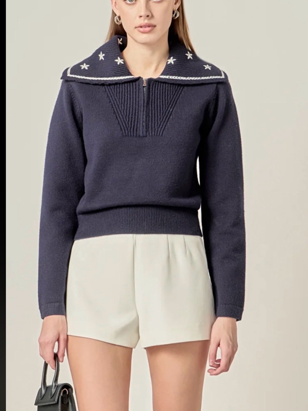 NWT$120 English Factory floral embroidery zip up knit sweater, Navy, M, Medium